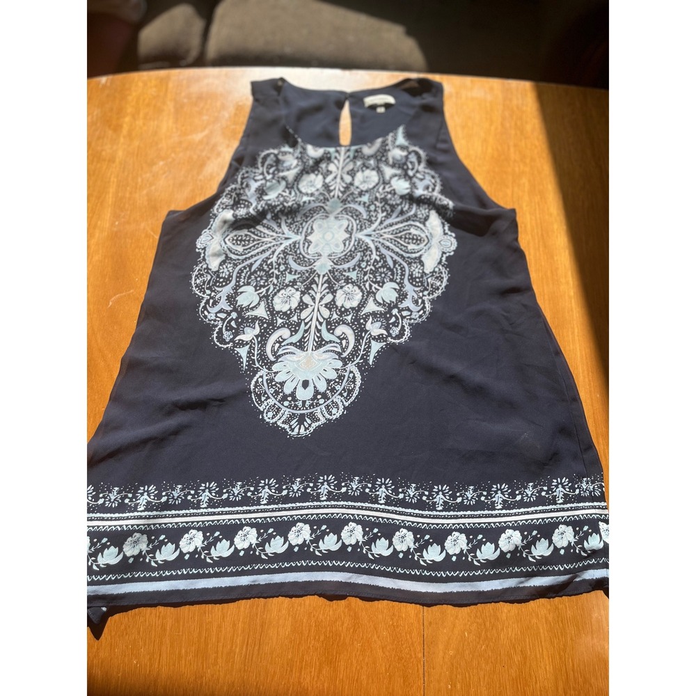 Max Studio Navy Blue Paisley Medallion Sleeveless Blouse XL Keyhole Back Top
